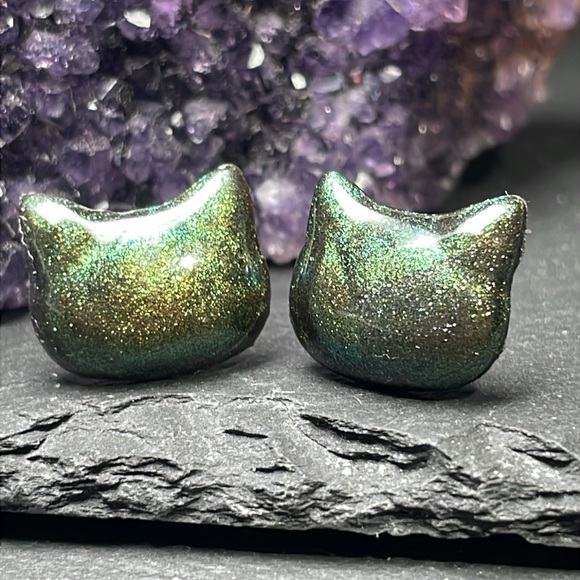 Custom Elegant Green Cat Hand Made Stud Post Earrings - Picture 5 of 11
